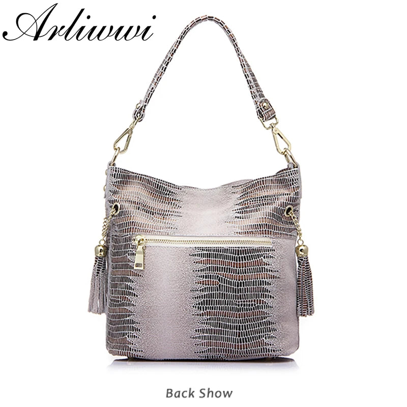 Genuine Leather Bucket Bag – Embossed Suede Crossbody