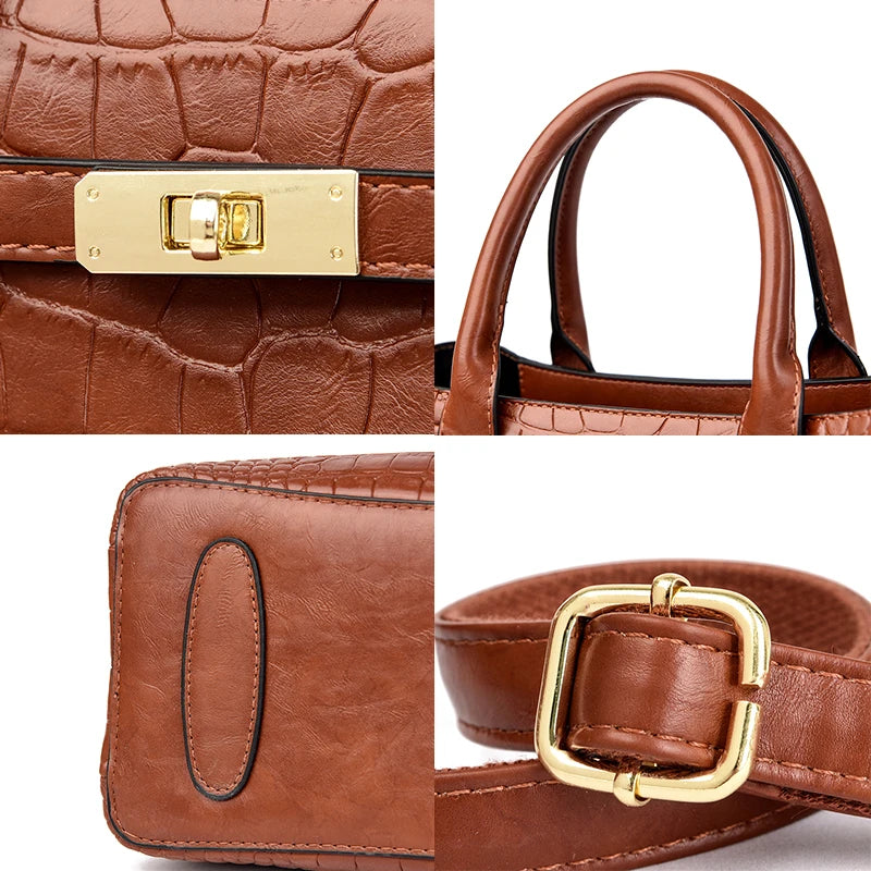 Croc-Stripe Tote Bag – Designer Three-Compartment Handbag