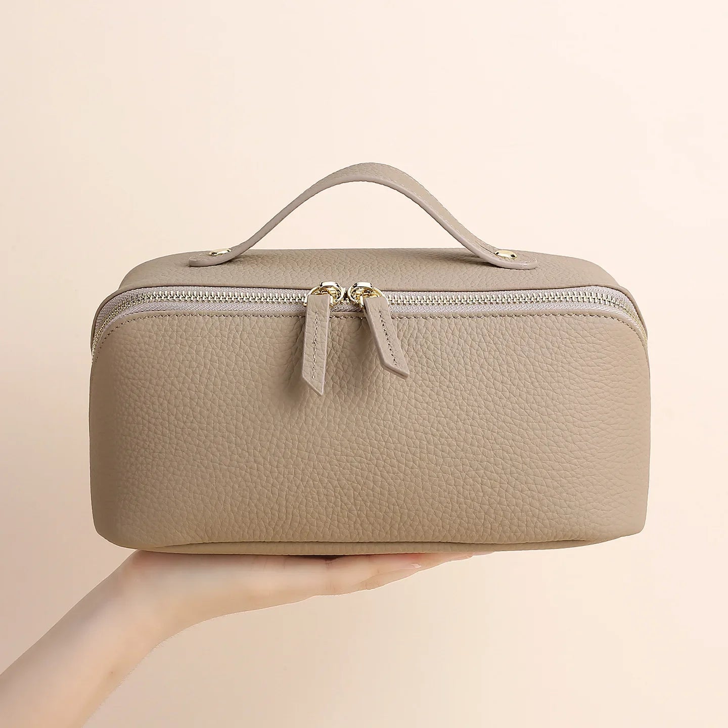 Genuine Leather Wash Bag – Double-Zip Cosmetic Case