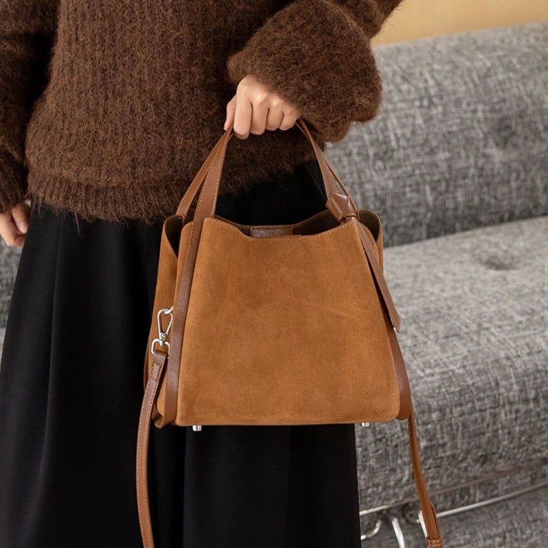 Luxury Suede Bucket Bag – Vintage Top-Handle Crossbody