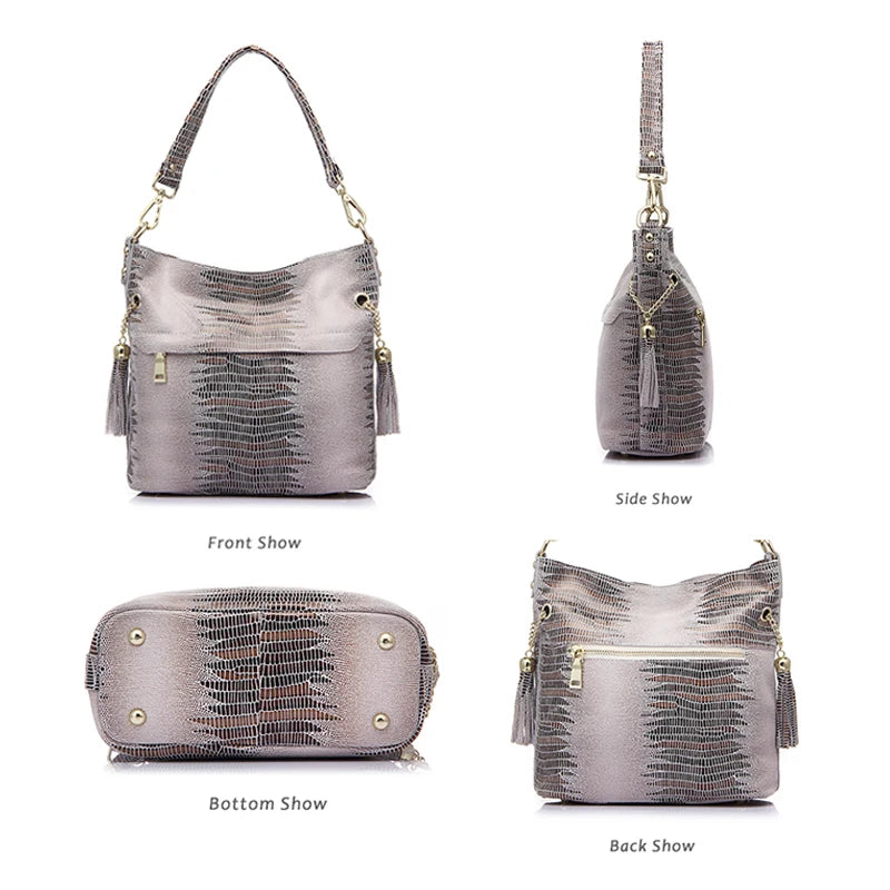 Genuine Leather Bucket Bag – Embossed Suede Crossbody